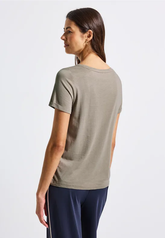 Shirt met kunstwerk en omslag morning beige