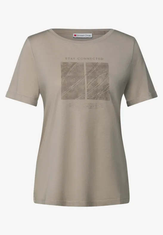 Shirt met kunstwerk en omslag morning beige