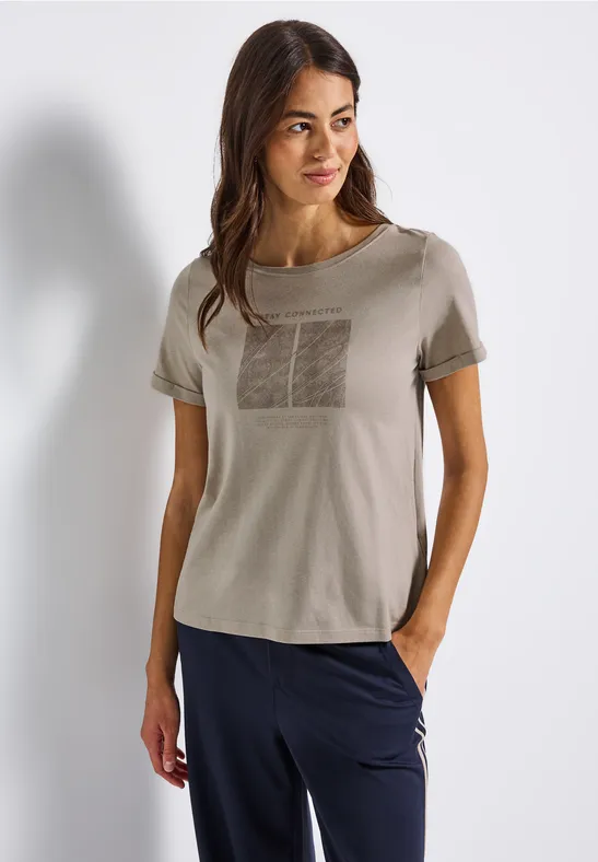 Shirt met kunstwerk en omslag morning beige