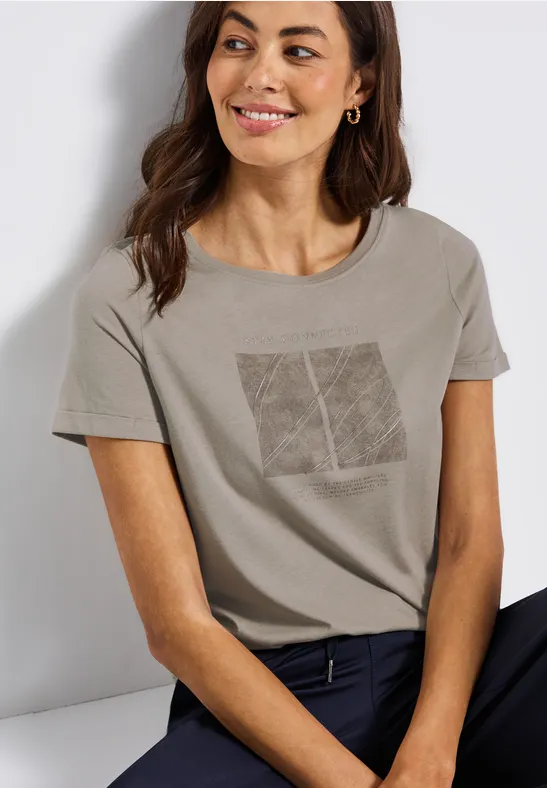 Shirt met kunstwerk en omslag morning beige
