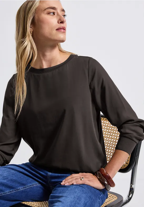 Materiaalmix chiffon shirt deep roast brown