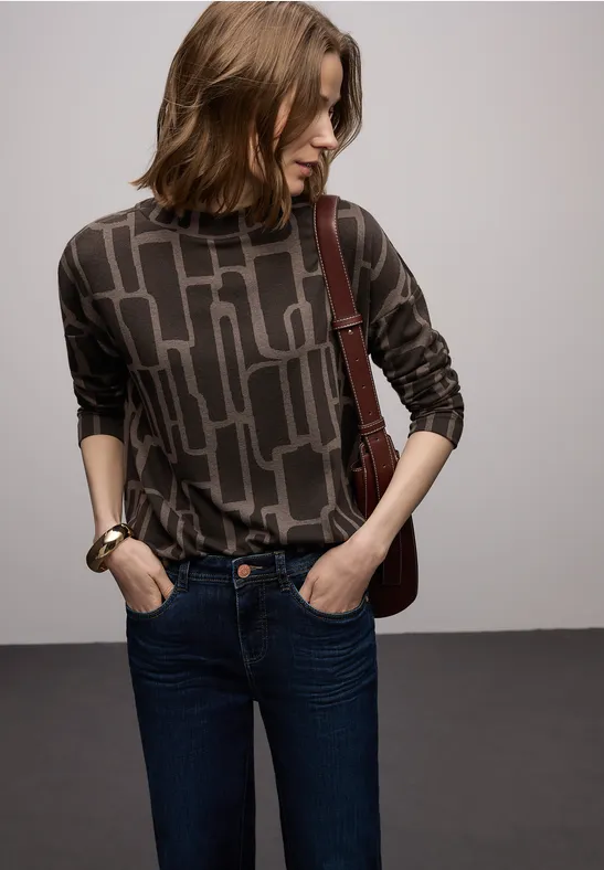 Print Shirt mit Tunnelzug darkest brown