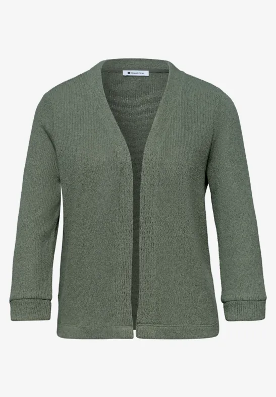 Open, olijfgroene gebreide cardigan met omslagmouwen en eenvoudig ontwerp.