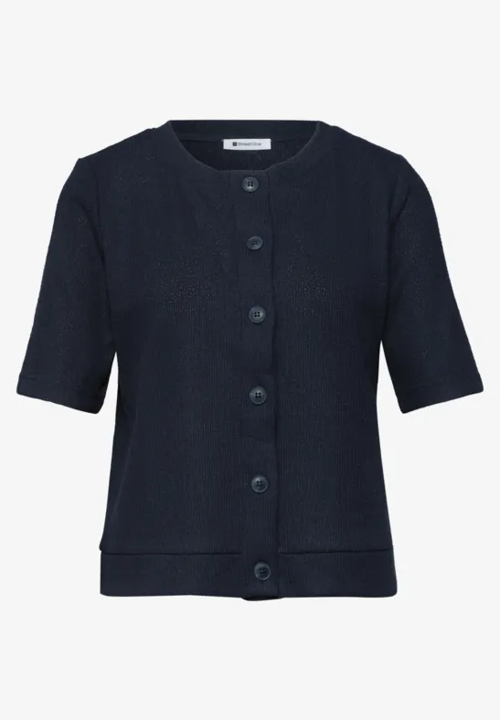 Donkerblauwe kort mouw vest met ronde hals en knopenrij.