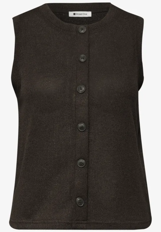 Mouwloze donkerbruine gebreide gilet met ronde hals en knoopsluiting aan de voorkant.