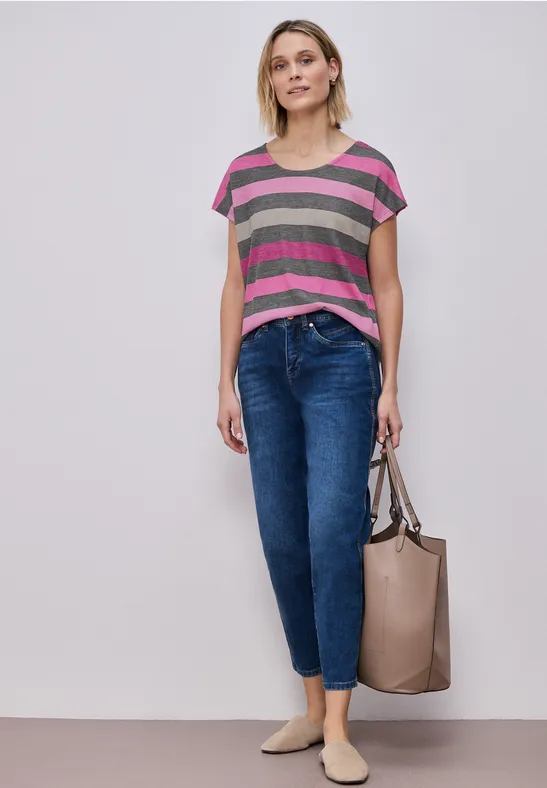 T-Shirt mit gerundetem V-Neck und Streifen espresso brown