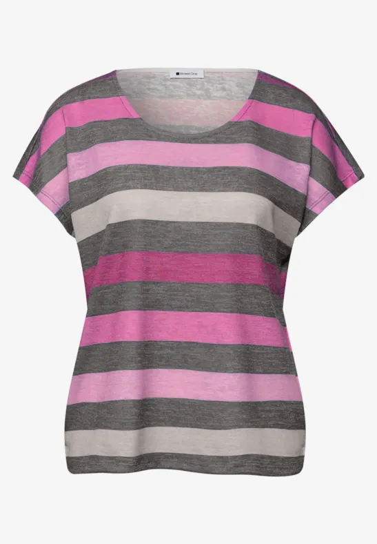 T-Shirt mit gerundetem V-Neck und Streifen espresso brown