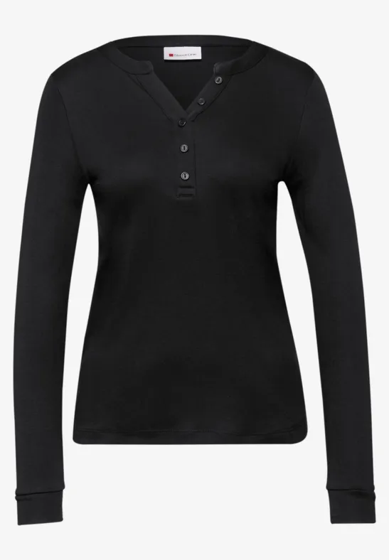 Schwarzes Langarm-Shirt mit V-Ausschnitt und Knopfleiste.