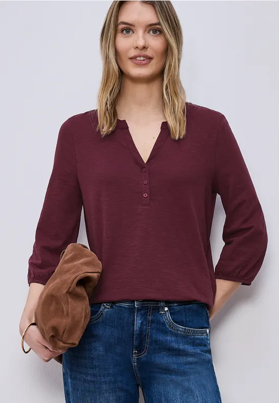 3/4-Arm Shirt mit Split Neck und Knöpfen truffle red
