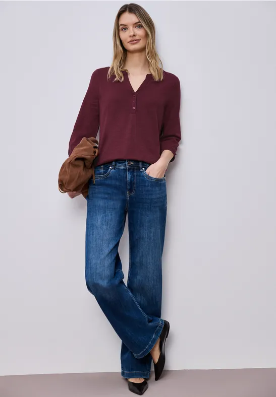 3/4-Arm Shirt mit Split Neck und Knöpfen truffle red