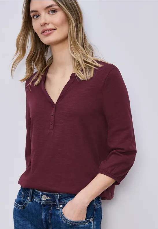 3/4-Arm Shirt mit Split Neck und Knöpfen truffle red