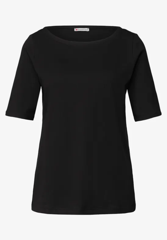 T-shirt noir uni à manches mi-longues et encolure ronde.