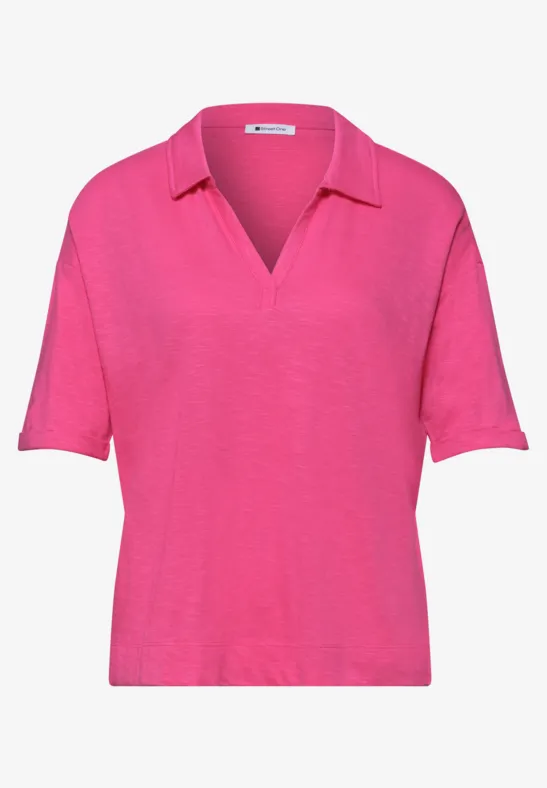 Helles pinkes Poloshirt mit V-Ausschnitt und kurzen Ärmeln