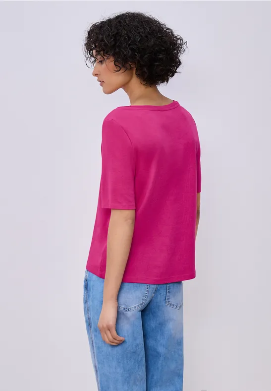 Basic T-Shirt mit V-Neck in Unifarbe magenta dream