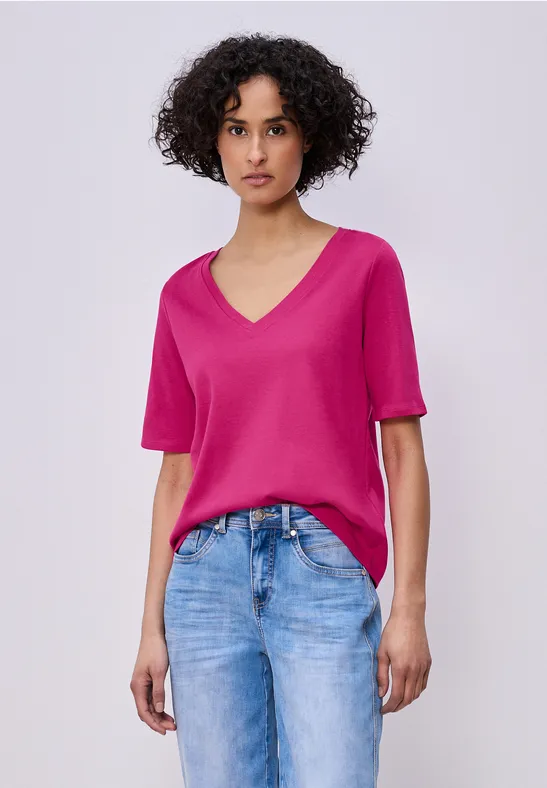 Basic T-Shirt mit V-Neck in Unifarbe magenta dream