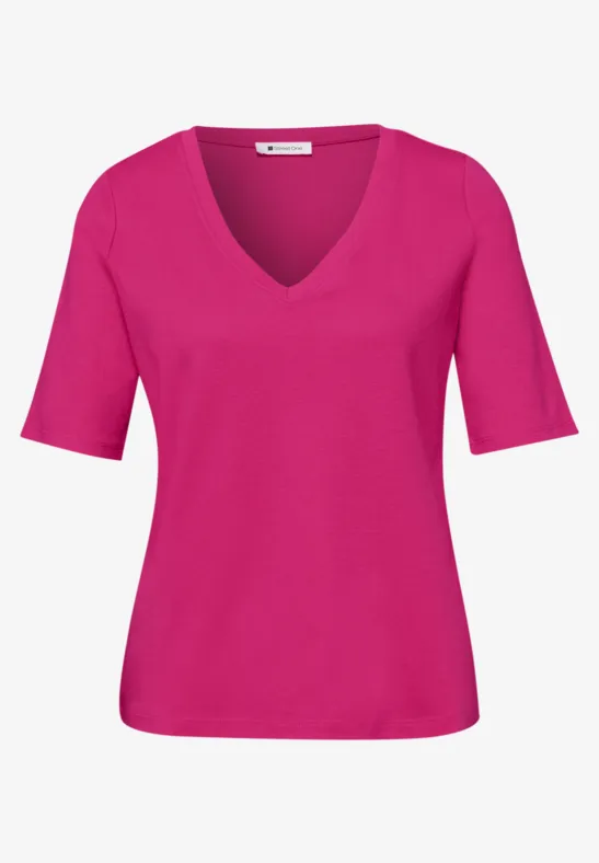 Basic T-Shirt mit V-Neck in Unifarbe magenta dream