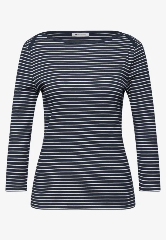 Damen-Langarmshirt mit weißen und dunkelblauen Querstreifen und weitem Ausschnitt.