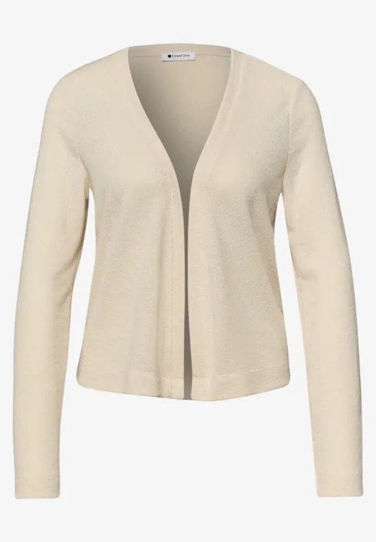 Effen lichtbeige gebreid vest met V-hals, lange mouwen en open voorkant, taille- tot heuplengte.