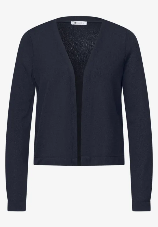 Donkerblauw damesvest met open voorkant, lange mouwen en rechte pasvorm.