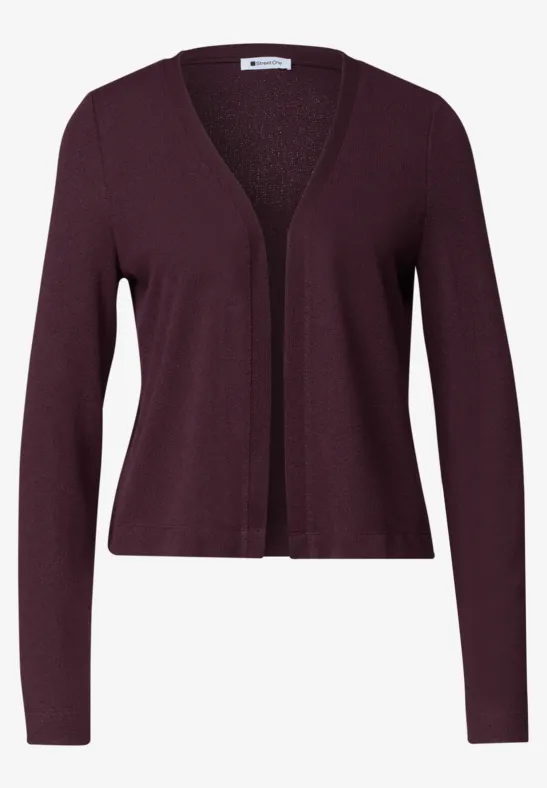 Dames vest bordeauxrood, lange mouwen, V-hals, open voorkant, elegante snit.