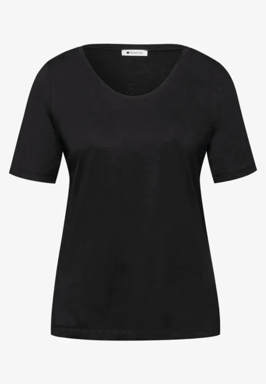 Schwarzes, schlichtes T-Shirt mit Rundhalsausschnitt und kurzen Ärmeln.