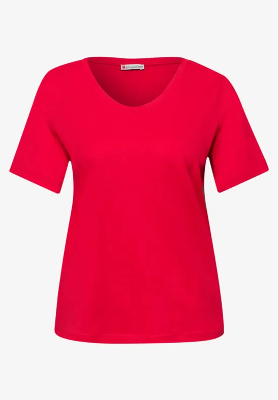 Rotes Kurzarm-T-Shirt mit V-Ausschnitt, schlicht und einfarbig.