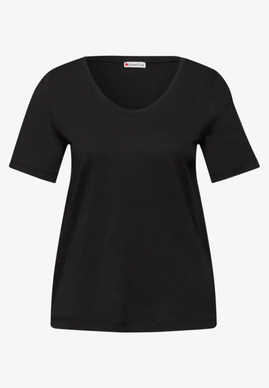 Schwarzes Damen-T-Shirt mit V-Ausschnitt und kurzen Ärmeln.