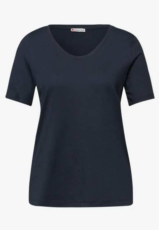 Ein schlichtes dunkelblaues T-Shirt mit kurzem Ärmel und rundem Ausschnitt.