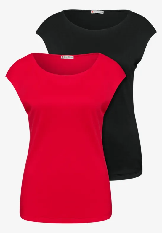 Zwei schlichte T-Shirts für Damen, eines in leuchtendem Rot, das andere in klassischem Schwarz.