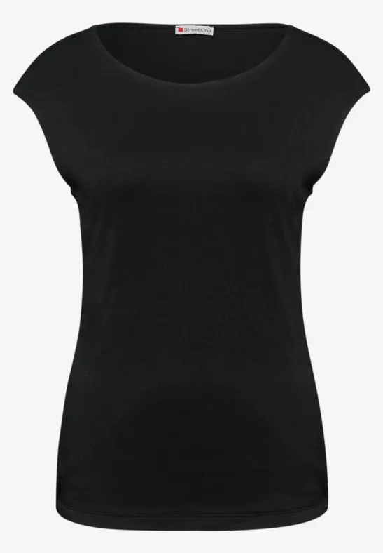Schwarzes, tailliertes Damen-Shirt mit U-Boot-Ausschnitt und kurzen Ärmeln.