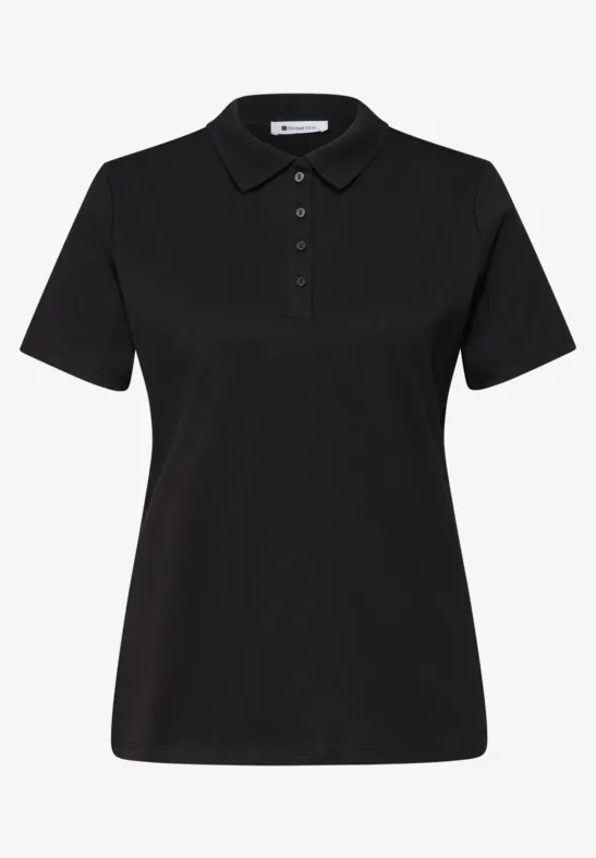 Schwarzes, kurzärmeliges Poloshirt mit Knopfleiste und Kragen.