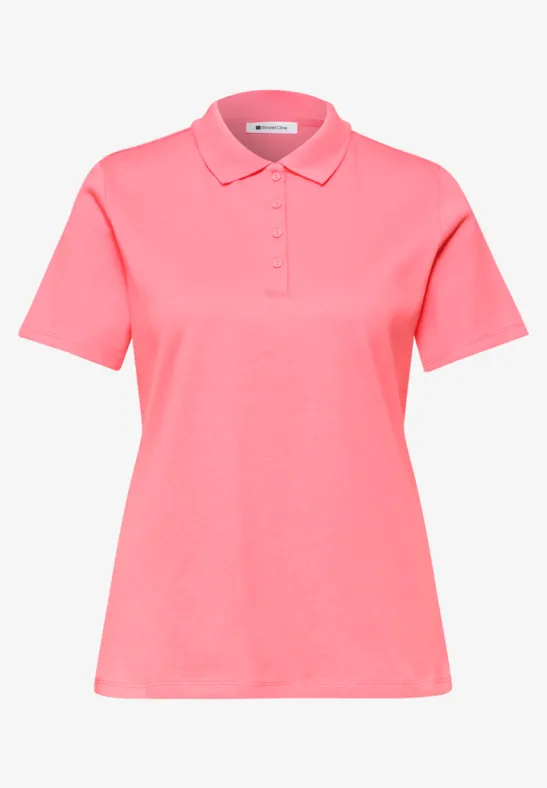Elegantes rosa Polo-Shirt mit Kragen, kurzen Ärmeln und Knopfleiste.