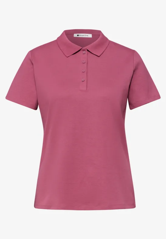 Rosa Damen-Poloshirt mit kurzen Ärmeln, klassischem Kragen und Knopfleiste.