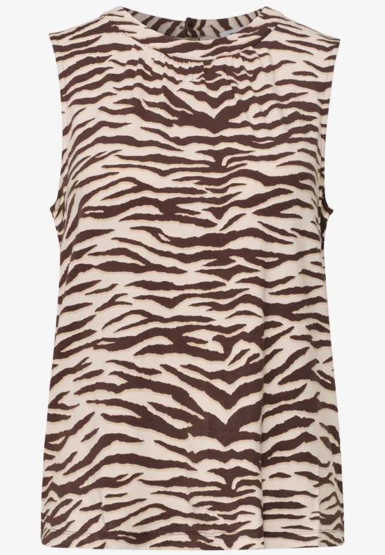 Mouwloze dames top met bruin-beige zebraprint, ronde hals en licht getailleerde pasvorm