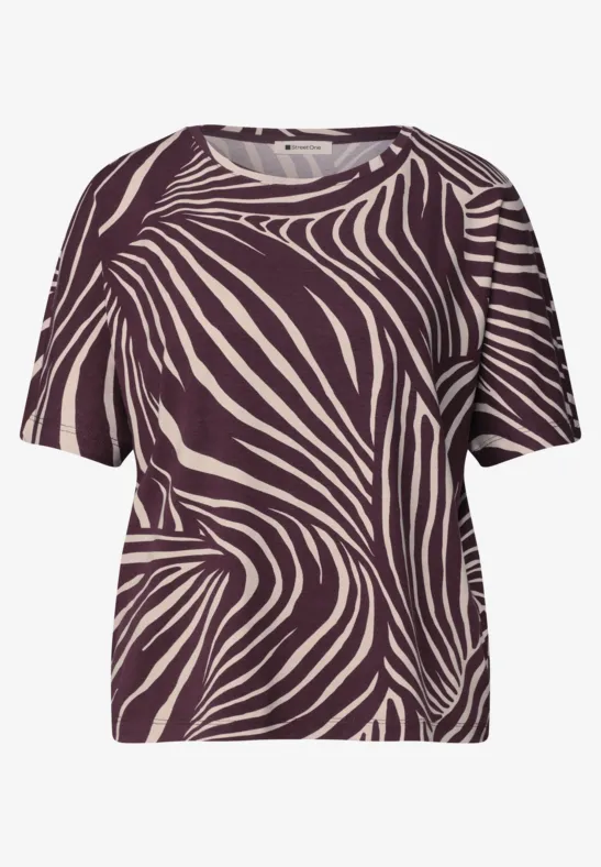 Korte mouwen top in bordeaux met beige zebraprint.