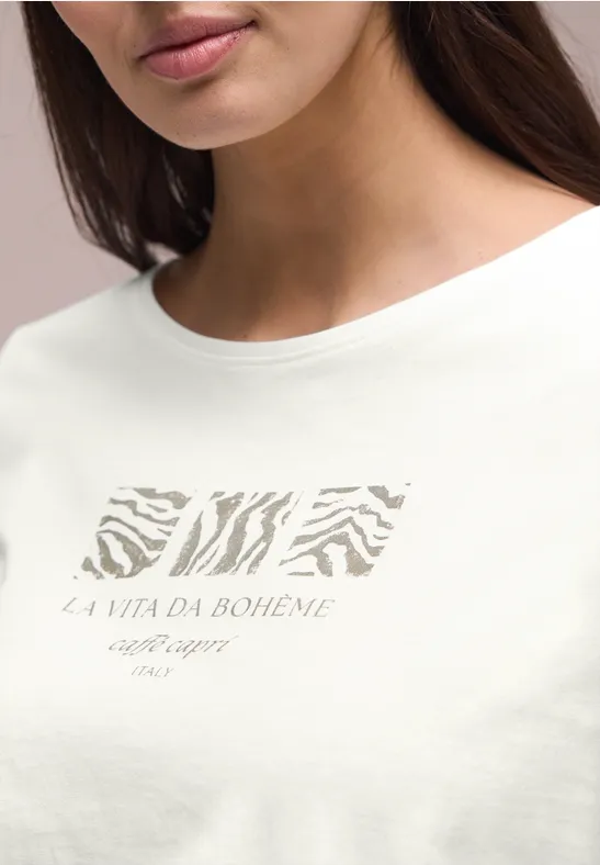 Basic T-Shirt mit Rundhals und Print off white