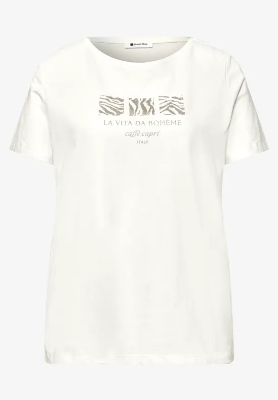 Basic T-Shirt mit Rundhals und Print off white