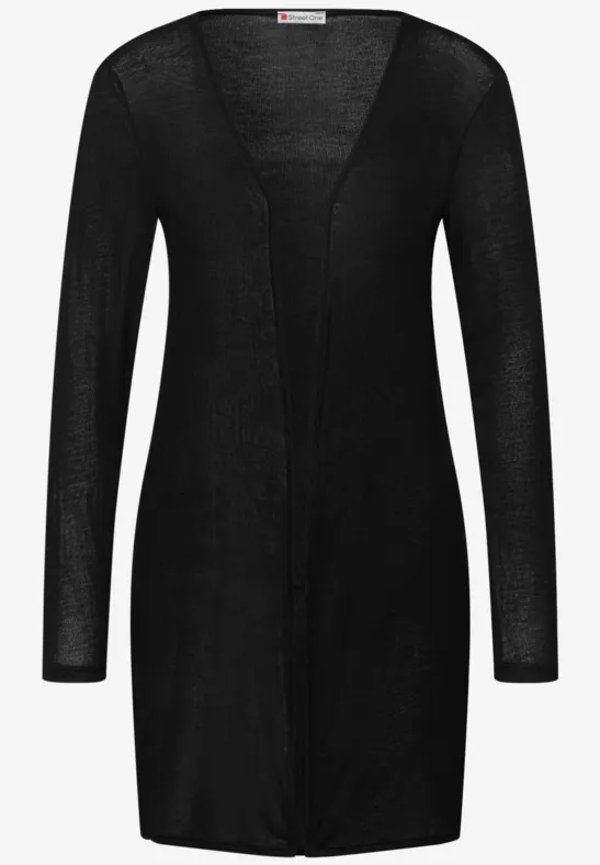 Schwarze, offene Strickjacke mit langen Ärmeln und knielanger Silhouette.