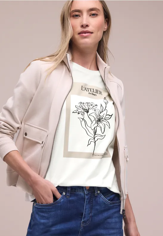 Kurzarmshirt mit Rundhals und Print off white