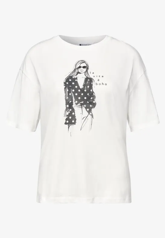 Weißes T-Shirt mit schwarzem Sketch-Aufdruck einer Frau in Polka-Dot-Bluse und Sonnenbrille.