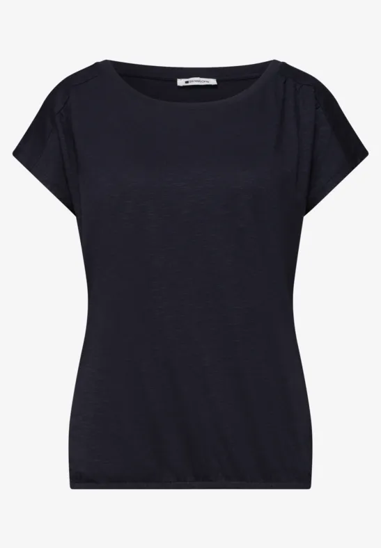 Donkerblauw dames-T-shirt met korte mouwen en een brede boothals.