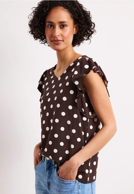 Shirt met V-hals en volantmouwen espresso brown