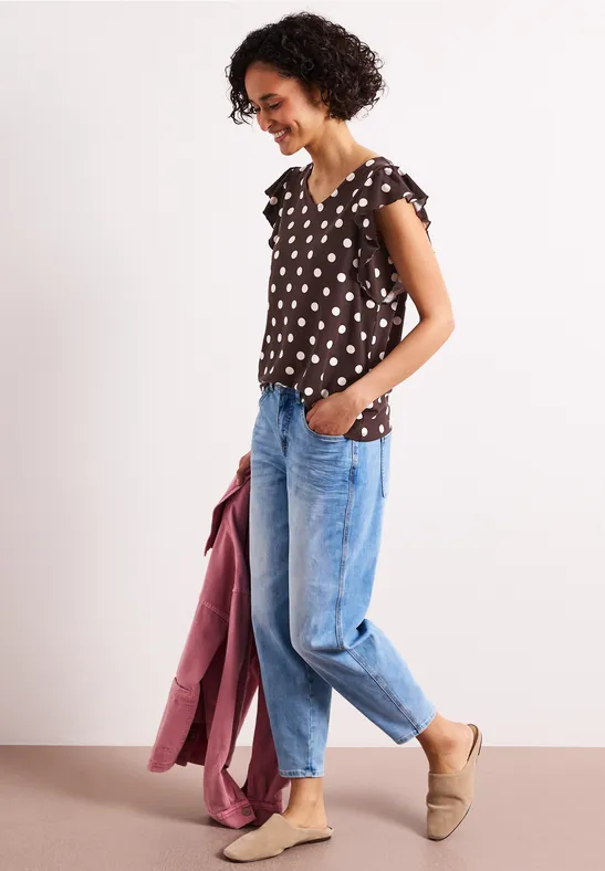 Shirt met V-hals en volantmouwen espresso brown