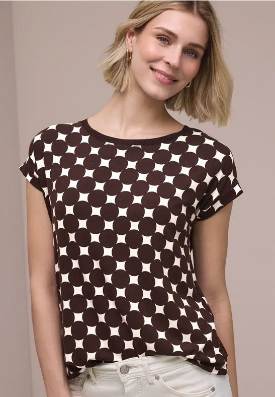 Shirt met boothals en print espresso brown