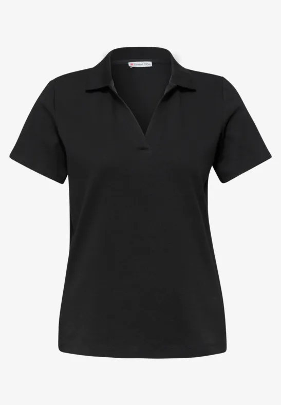 Polo noir à manches courtes et col en V.