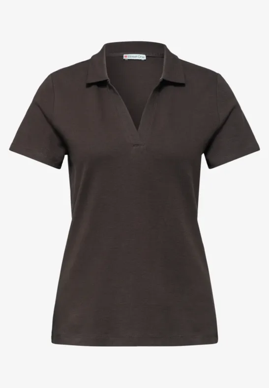 Dunkelbraunes Damen-Polo-Shirt mit kurzen Ärmeln und V-Kragen