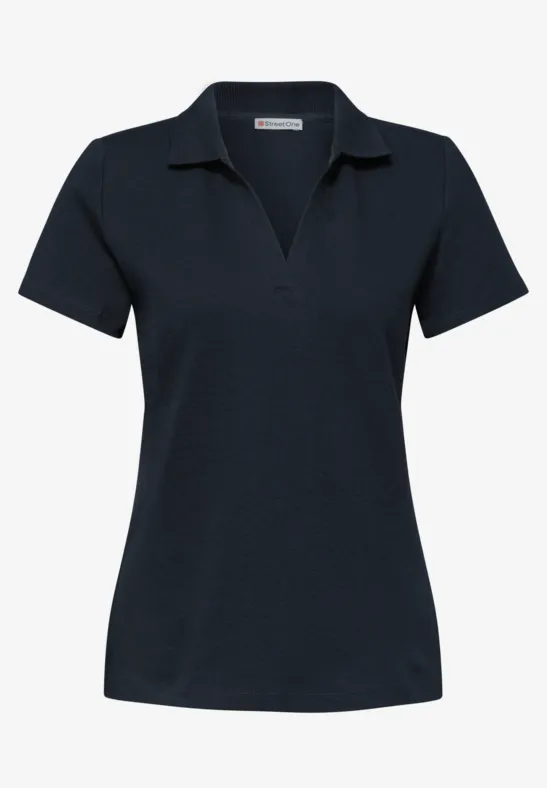 T-shirt polo femme épuré bleu marine foncé, col en V et manches courtes.