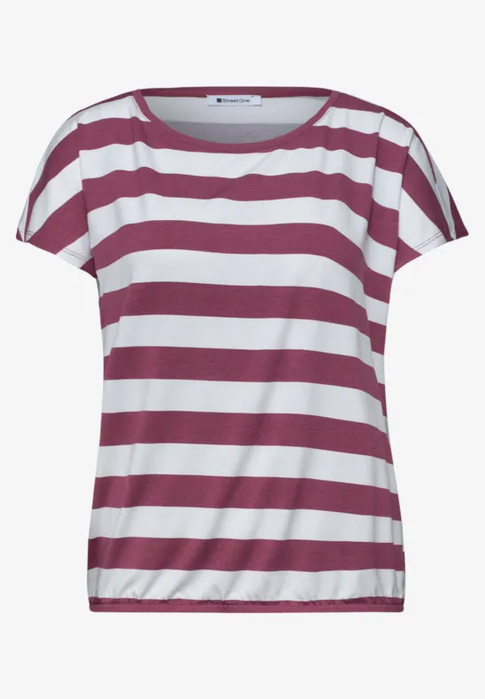 Dames-T-shirt met korte mouwen, witte en bordeauxrode horizontale strepen.