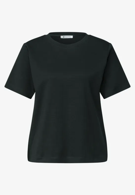 Ein schlichtes, schwarzes Damen-T-Shirt mit kurzen Ärmeln und Rundhalsausschnitt.