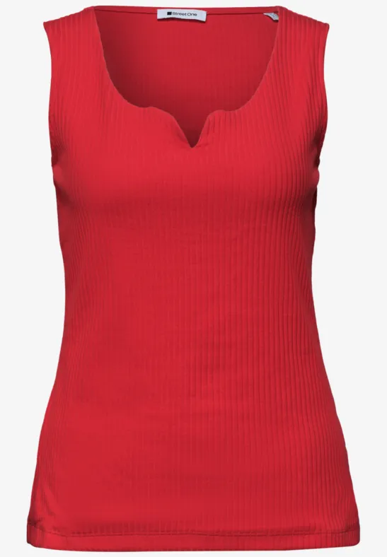 Rood mouwloos topje met ribbelstructuur en V-hals.